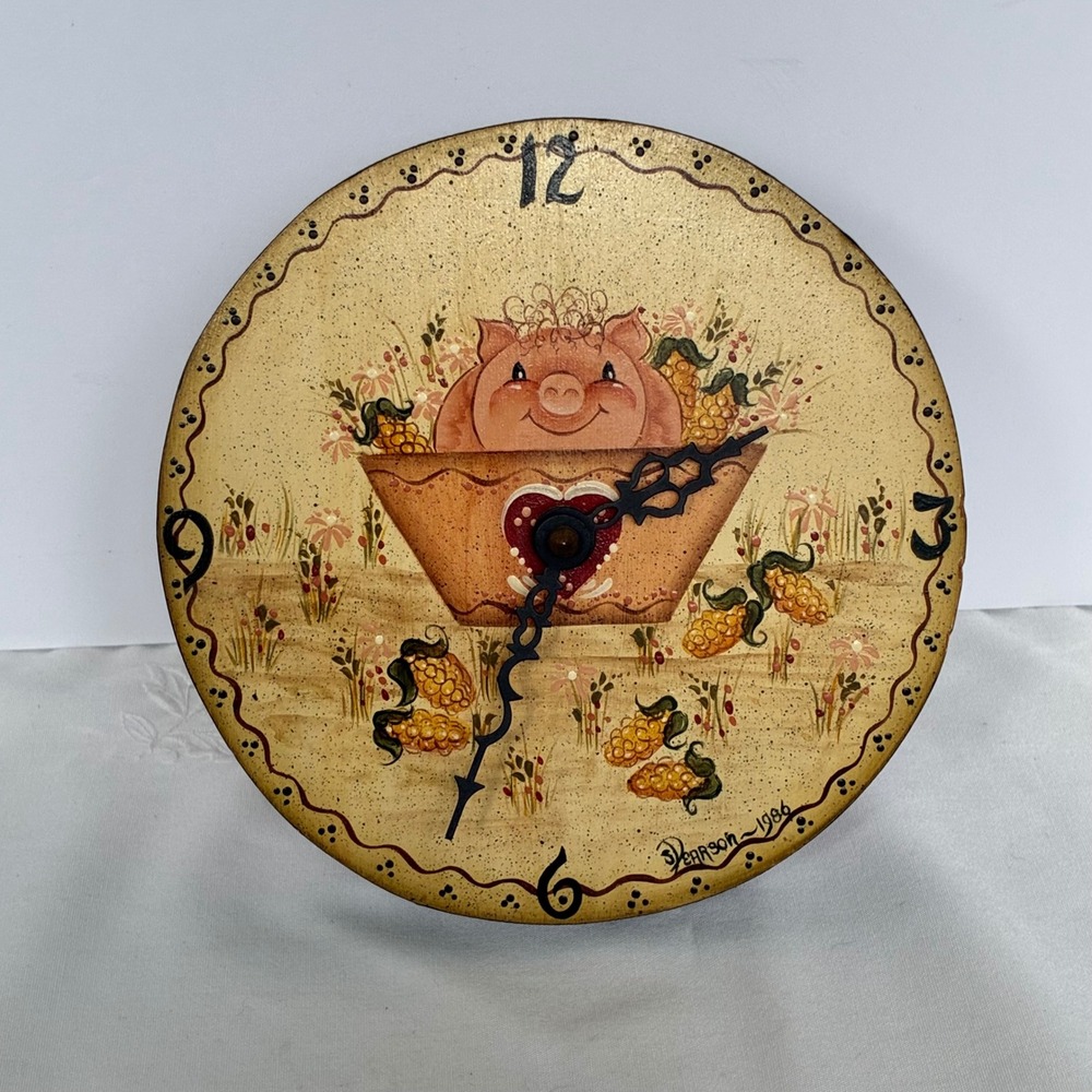 Vtg Pig Folk Art Clock Hand Painted Wood 1986 Country Farmhouse Cottage Kitsch